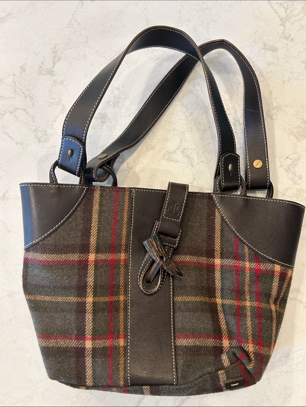VTG Lauren Ralph Lauren Plaid Hobo Dark Brown Leather Trim Equestrian Preppy Y2K - Picture 12 of 13